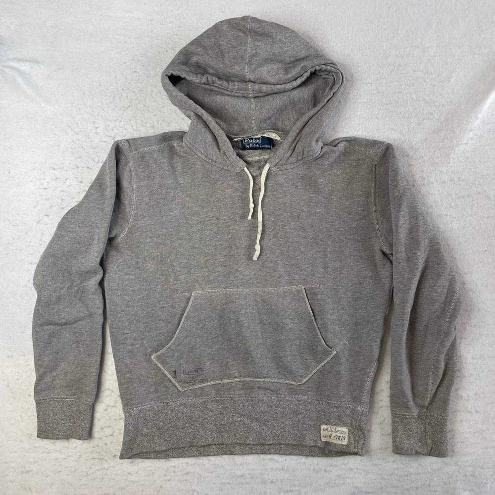 Polo Ralph Lauren Hoodie Mens Small Gray Pullover Vintage Wash Graphic Patches